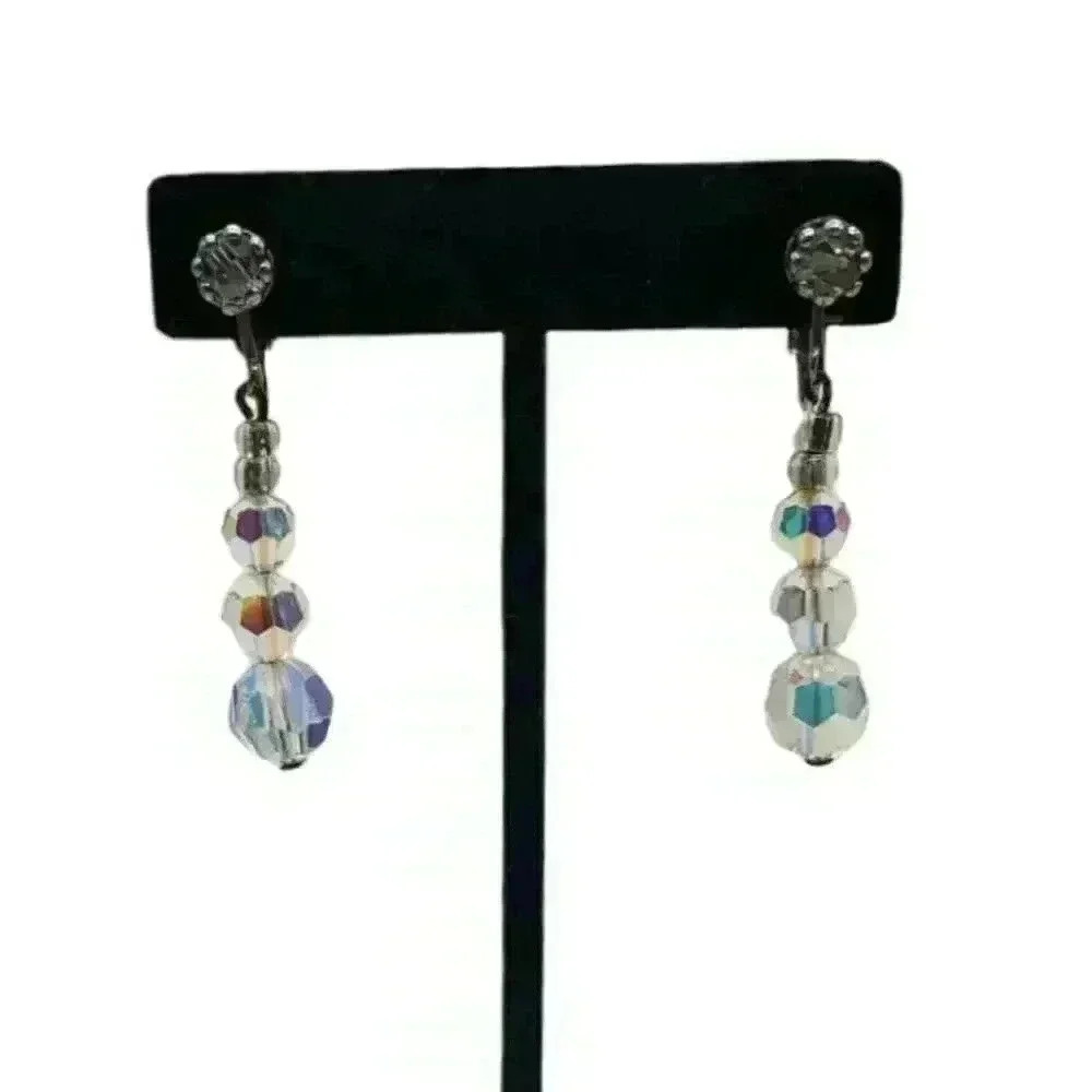 Vintage Earrings Clip Long Dangle Glass Bead Faceted Aurora Borealis AB Prism